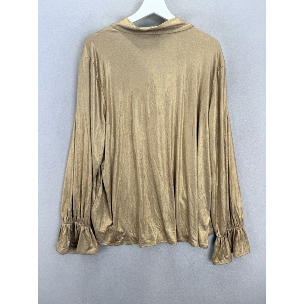 Cato Women's Plus Sz 22/24W Gold Metallic Long Sleeve Tie Neck Ruffled Cuffs Top - Picture 4 of 9